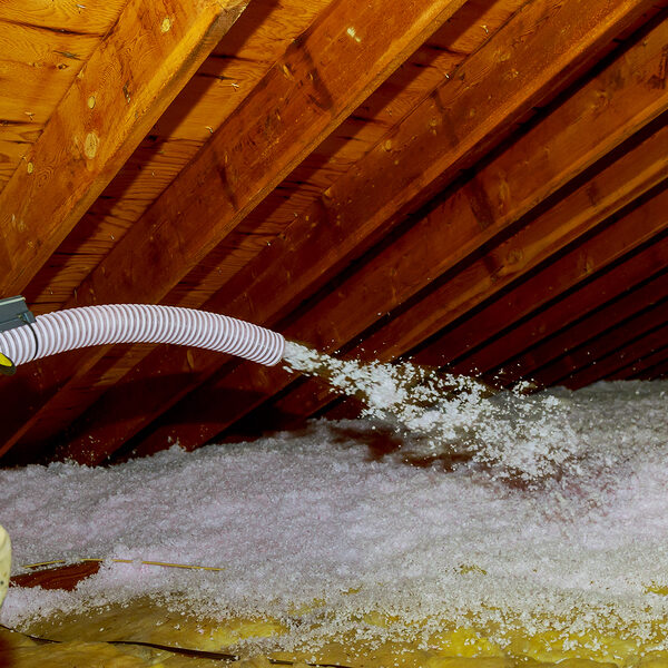 worker spraying insulation in the attic